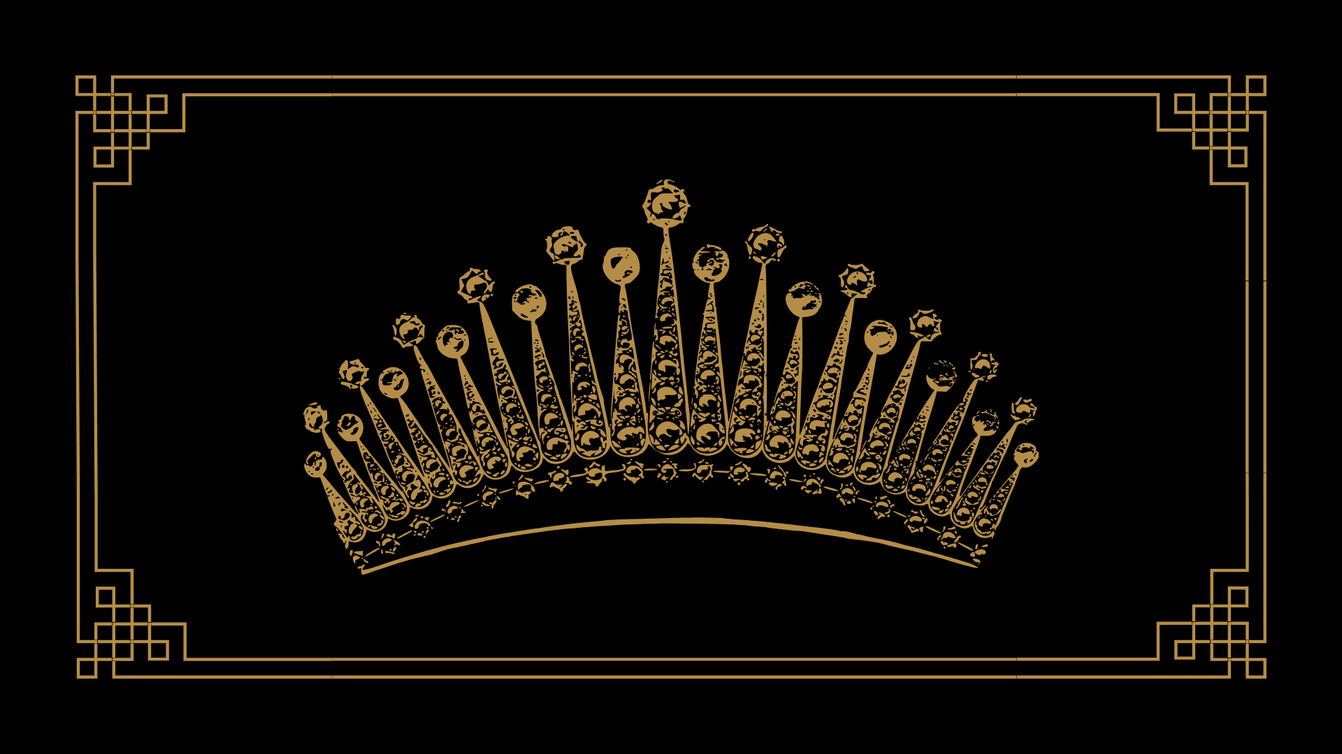 A golden art-deco crown on a black background.