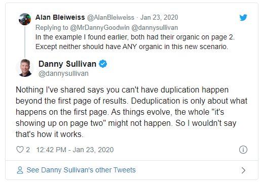 Twitter conversation between Alan Bleiweiss and Danny Sullivan on deduplication