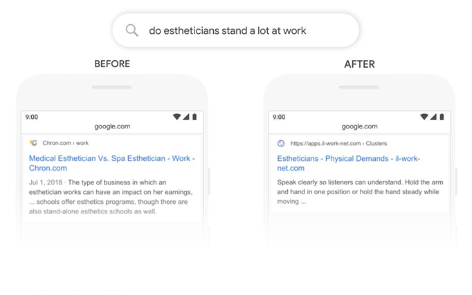 Mobile search screenshot of "do estheticians stand a lot at work" results before and after BERT update
