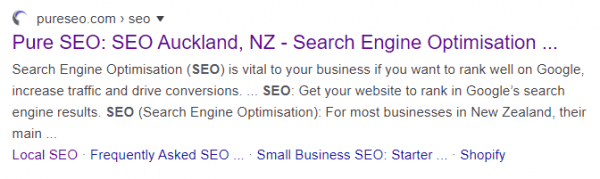 Screenshot of Pure SEO's result on Google's SERP, featuring links to top-level pages.