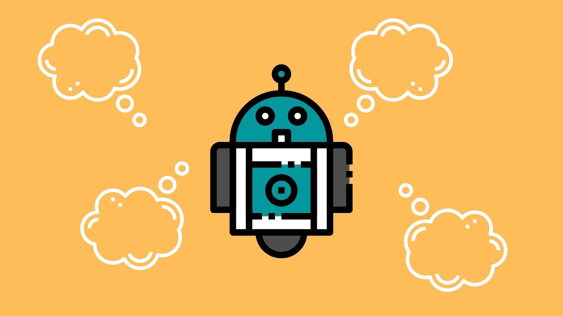 A cute blue SEO robot on an orange background with white thought bubbles
