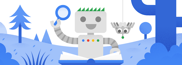Google robot mascot with new spider bot friend