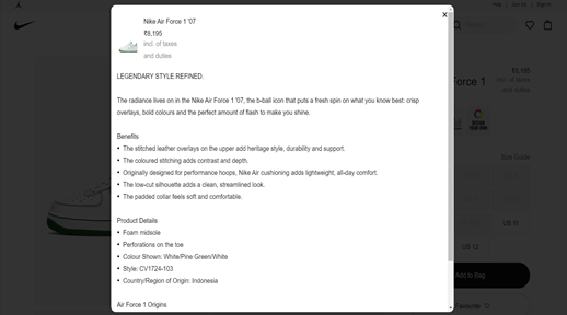 Nike implements a pop-up to share precise product details