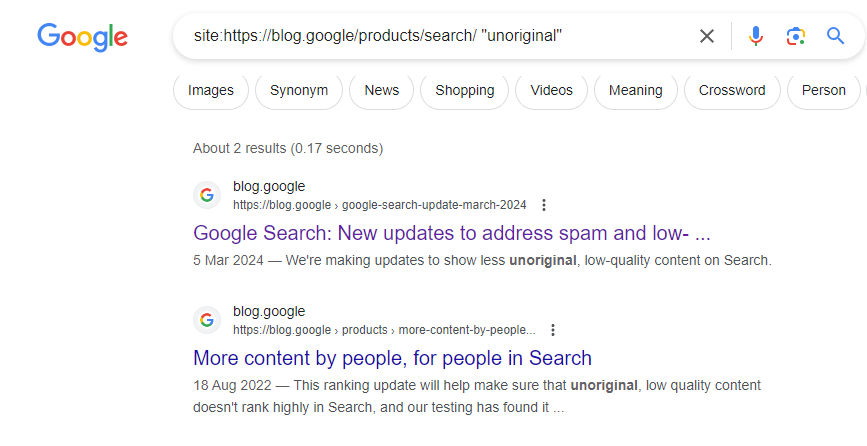 A screenshot of Google SERPs, showing use cases of 'unoriginal' in their product blog posts.