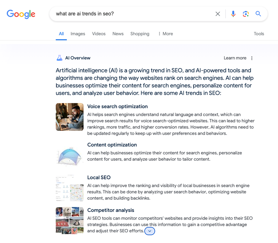 an example of AI Overviews showing for the search phrase 'what are ai trends in seo?'