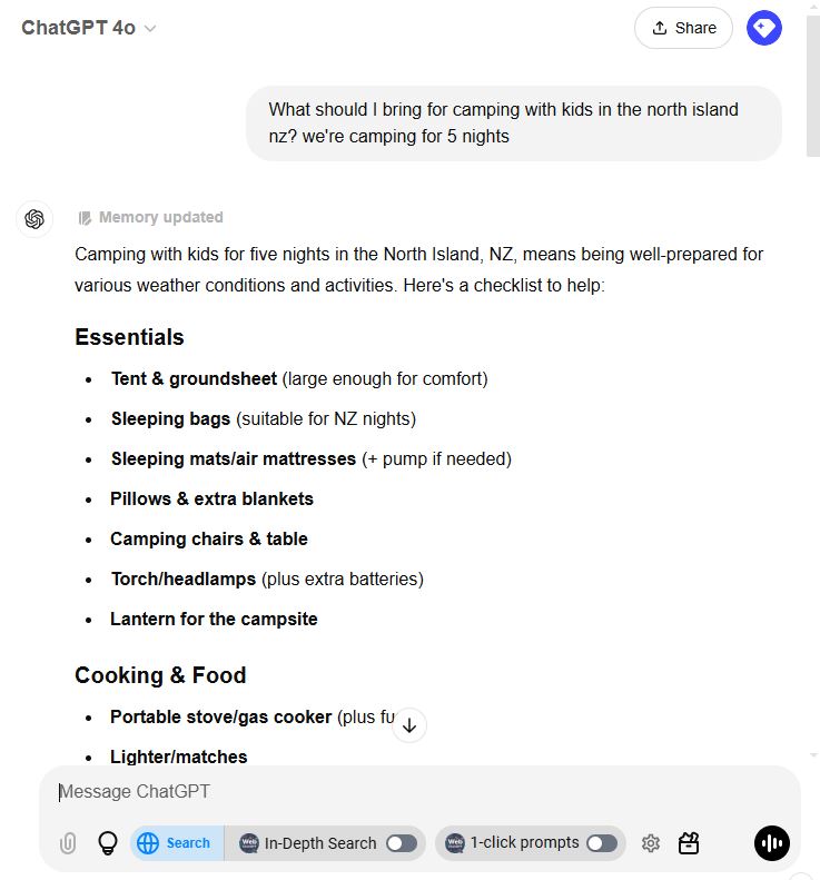 ChatGPT - camping checklist for five nights